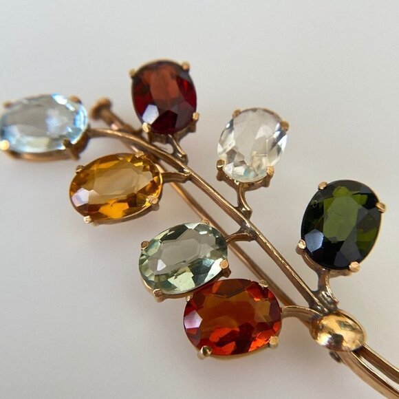 Vintage 14k Solid Yellow Gold Multi-Gemstone Floral Plant Brooch Pin - Picture 6 of 6